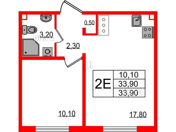 Квартира в ЖК 'Цветной город', 1 комнатная, 33.9 м², 3 этаж