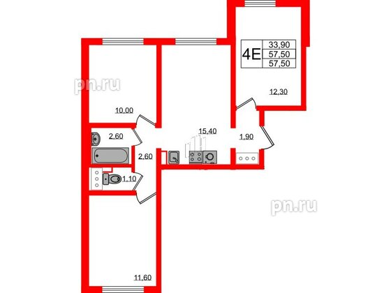 Квартира в ЖК 'Цветной город', 3 комнатная, 57.5 м², 3 этаж