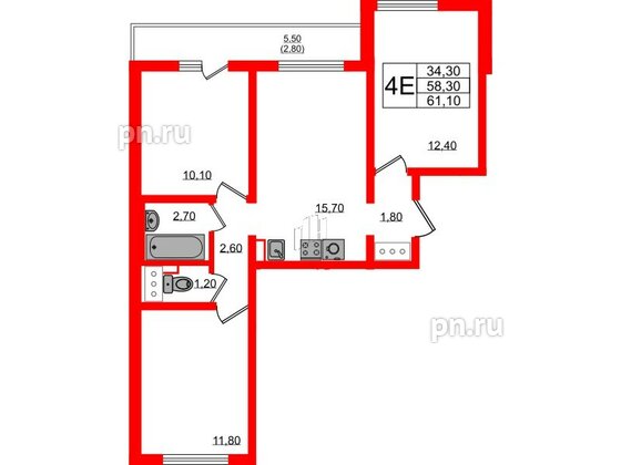 Квартира в ЖК «Цветной город», 3 комнатная, 61.1 м², 19 этаж