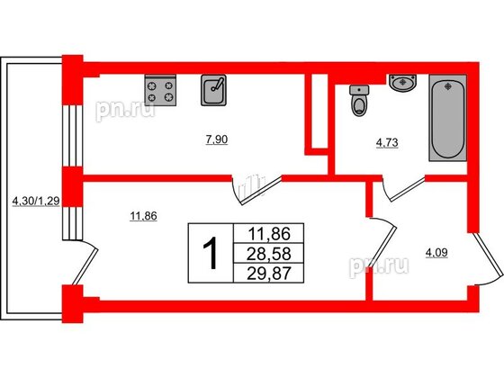 Квартира в ЖК Новокасимово, 1 комнатная, 29.87 м², 1 этаж