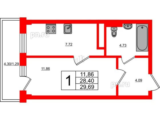 Квартира в ЖК Новокасимово, 1 комнатная, 29.69 м², 3 этаж