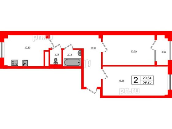 Квартира в ЖК Новокасимово, 2 комнатная, 59.25 м², 1 этаж