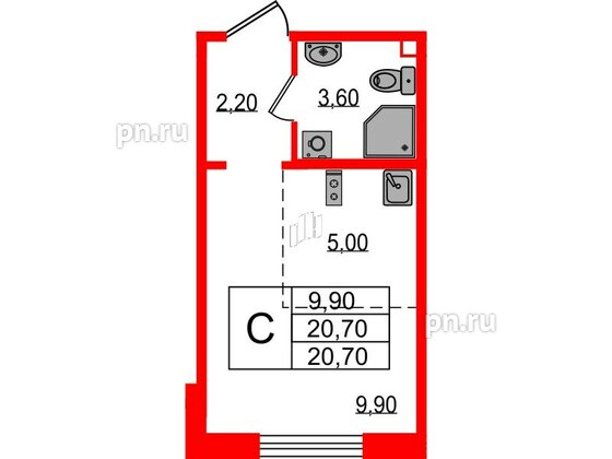 Квартира в ЖК 'Цветной город', студия, 20.7 м², 1 этаж