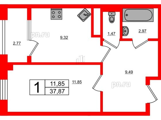 Квартира в ЖК Новокасимово, 1 комнатная, 37.87 м², 1 этаж