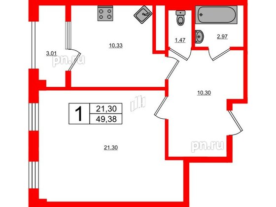 Квартира в ЖК Новокасимово, 1 комнатная, 49.38 м², 2 этаж