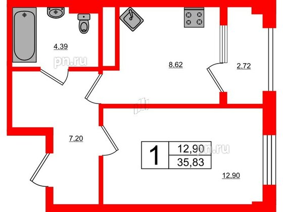 Квартира в ЖК Новокасимово, 1 комнатная, 35.83 м², 2 этаж