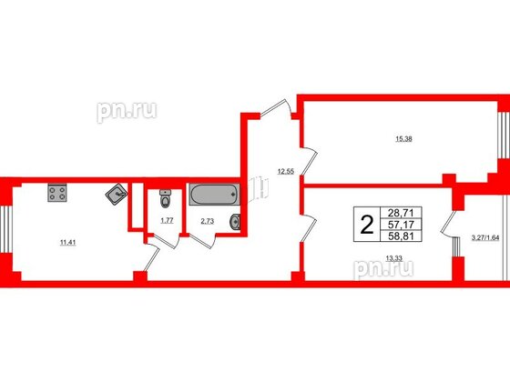 Квартира в ЖК Новокасимово, 2 комнатная, 58.81 м², 1 этаж