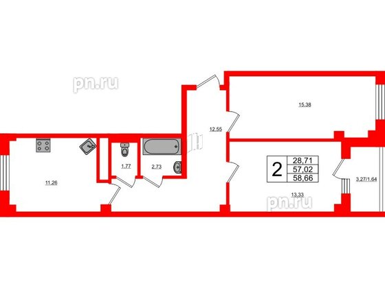 Квартира в ЖК Новокасимово, 2 комнатная, 58.66 м², 2 этаж