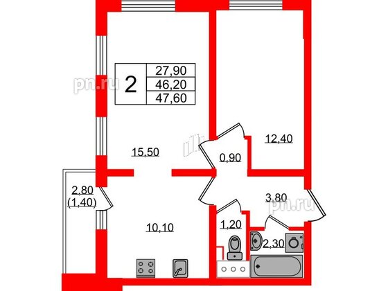 Квартира в ЖК 'Цветной город', 2 комнатная, 47.6 м², 11 этаж