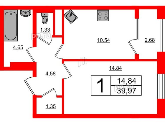 Квартира в ЖК Новокасимово, 1 комнатная, 39.97 м², 1 этаж