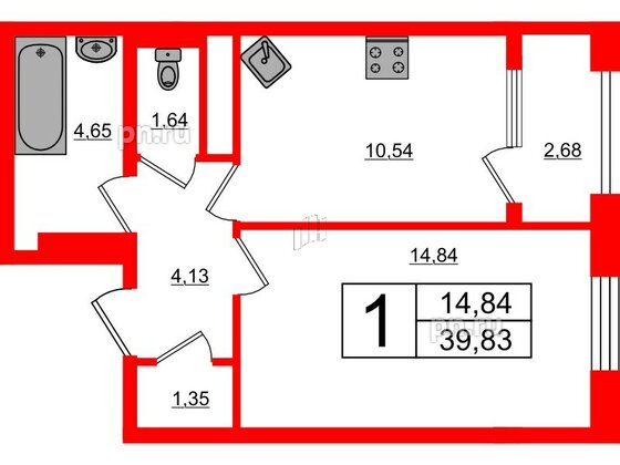 Квартира в ЖК Новокасимово, 1 комнатная, 39.83 м², 2 этаж