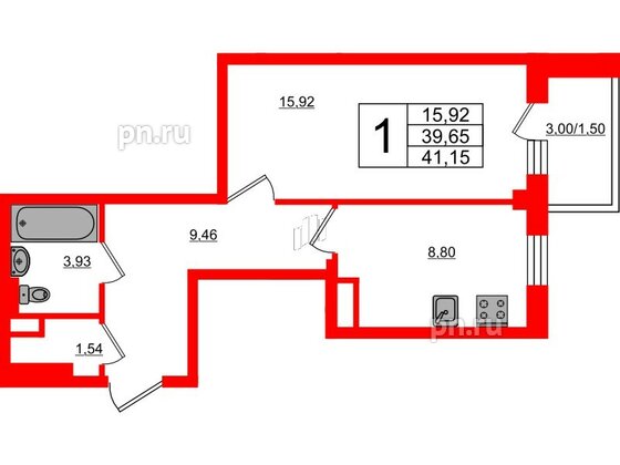 Квартира в ЖК Новокасимово, 1 комнатная, 41.15 м², 1 этаж