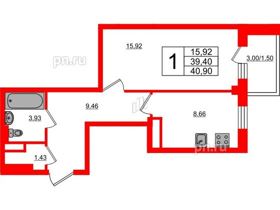 Квартира в ЖК Новокасимово, 1 комнатная, 40.9 м², 2 этаж