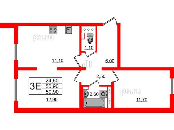 Квартира в ЖК 'Цветной город', 2 комнатная, 50.9 м², 4 этаж