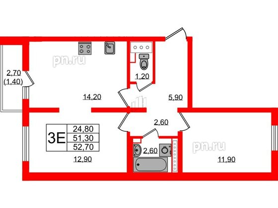 Квартира в ЖК 'Цветной город', 2 комнатная, 52.7 м², 19 этаж