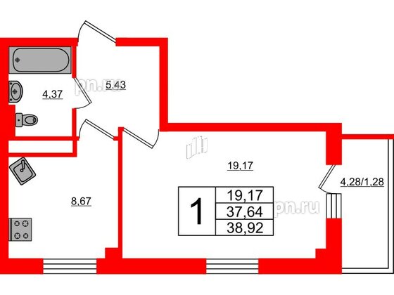 Квартира в ЖК Новокасимово, 1 комнатная, 38.92 м², 2 этаж