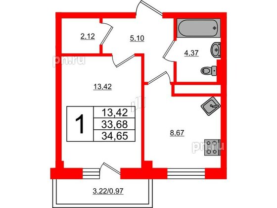 Квартира в ЖК Новокасимово, 1 комнатная, 34.65 м², 2 этаж