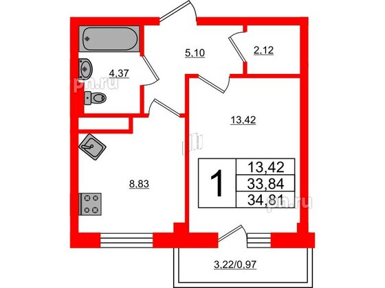 Квартира в ЖК Новокасимово, 1 комнатная, 34.81 м², 1 этаж