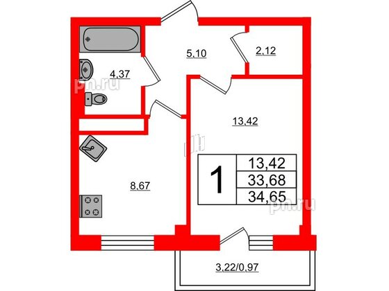 Квартира в ЖК Новокасимово, 1 комнатная, 34.65 м², 2 этаж