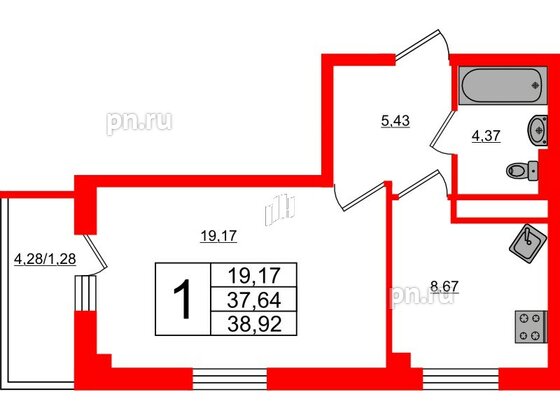 Квартира в ЖК Новокасимово, 1 комнатная, 38.92 м², 3 этаж