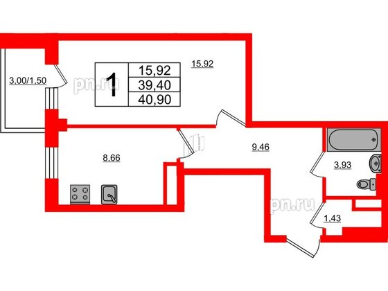 Квартира в ЖК Новокасимово, 1 комнатная, 40.9 м², 3 этаж