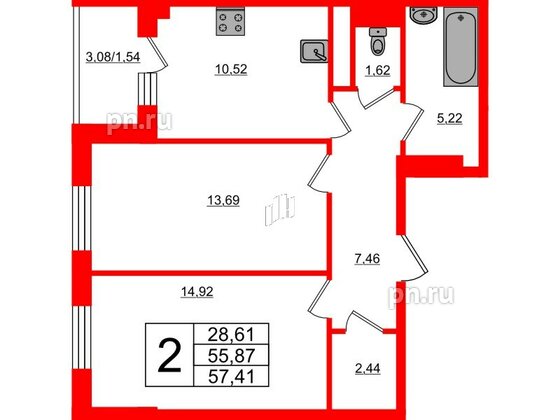 Квартира в ЖК Новокасимово, 2 комнатная, 57.41 м², 1 этаж