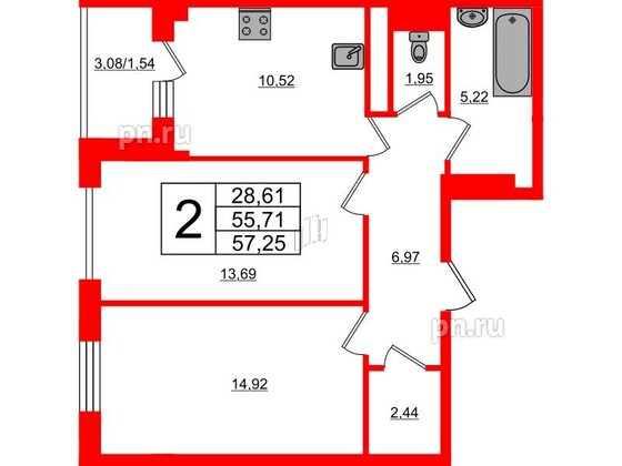 Квартира в ЖК Новокасимово, 2 комнатная, 57.25 м², 3 этаж