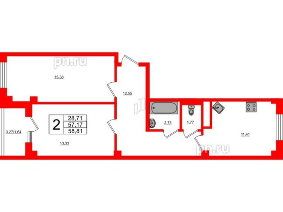 Квартира в ЖК Новокасимово, 2 комнатная, 58.81 м², 1 этаж