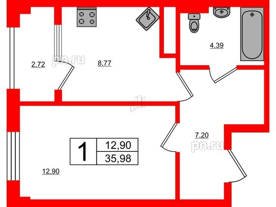 Квартира в ЖК Новокасимово, 1 комнатная, 35.98 м², 1 этаж