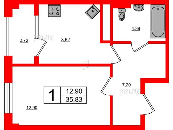 Квартира в ЖК Новокасимово, 1 комнатная, 35.83 м², 2 этаж