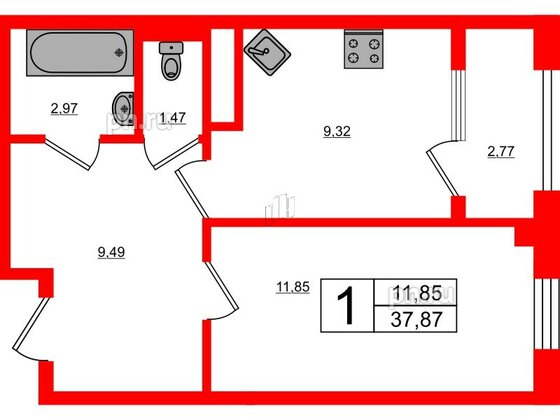 Квартира в ЖК «Новокасимово», 1 комнатная, 37.87 м², 1 этаж