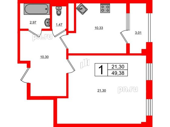 Квартира в ЖК Новокасимово, 1 комнатная, 49.38 м², 2 этаж