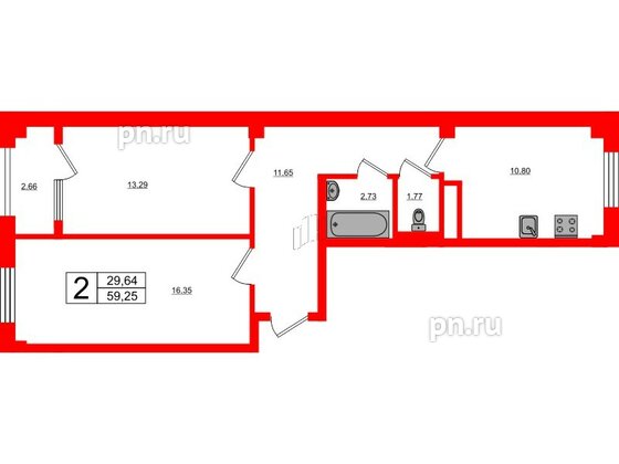 Квартира в ЖК Новокасимово, 2 комнатная, 59.25 м², 1 этаж