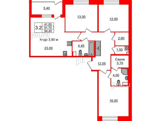 Квартира в ЖК «Бионика Заповедная», 3 комнатная, 91.7 м², 1 этаж