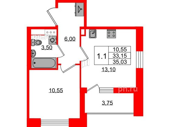 Квартира в ЖК «Бионика Заповедная», 1 комнатная, 33.15 м², 6 этаж