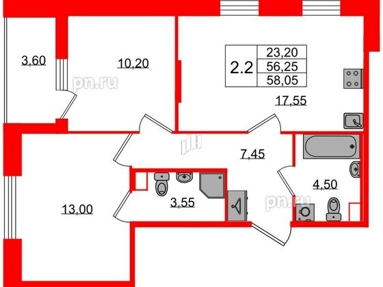 Квартира в ЖК «Бионика Заповедная», 2 комнатная, 56.25 м², 2 этаж