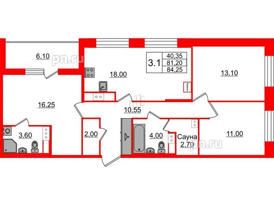 Квартира в ЖК «Бионика Заповедная», 3 комнатная, 81.2 м², 12 этаж