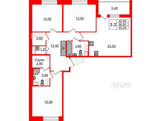 Квартира в ЖК «Бионика Заповедная», 3 комнатная, 90.5 м², 2 этаж