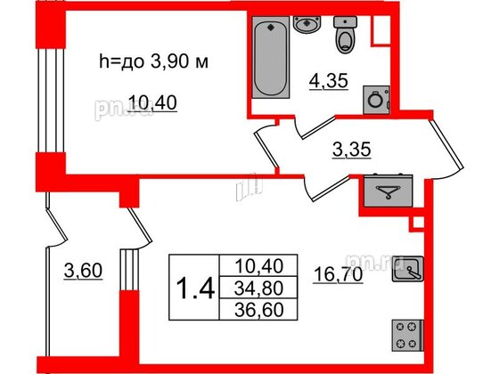 Квартира в ЖК «Бионика Заповедная», 1 комнатная, 34.8 м², 1 этаж
