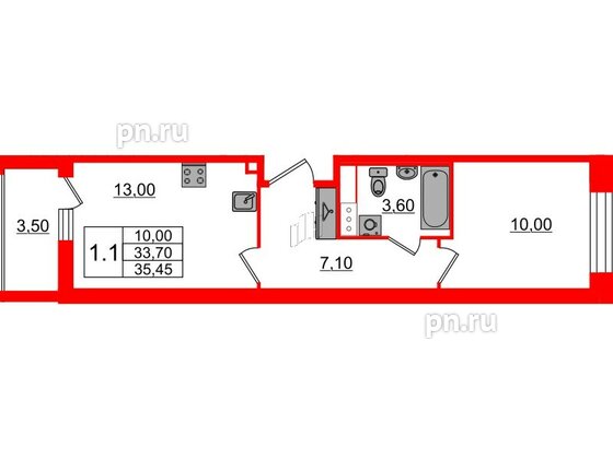 Квартира в ЖК «Бионика Заповедная», 1 комнатная, 33.7 м², 6 этаж