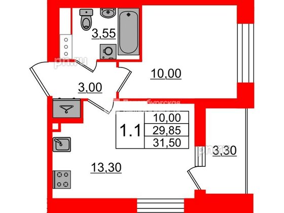 Квартира в ЖК «Бионика Заповедная», 1 комнатная, 29.85 м², 7 этаж