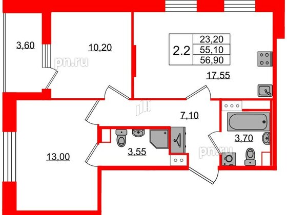 Квартира в ЖК Бионика Заповедная, 2 комнатная, 55.1 м², 3 этаж