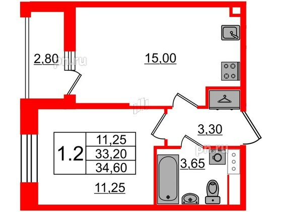 Квартира в ЖК «Бионика Заповедная», 1 комнатная, 33.2 м², 12 этаж