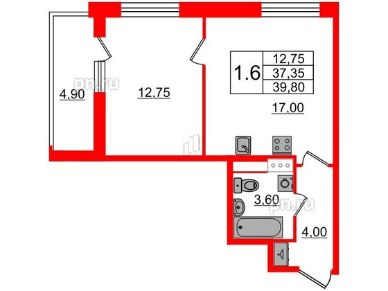 Квартира в ЖК «Бионика Заповедная», 1 комнатная, 37.35 м², 9 этаж