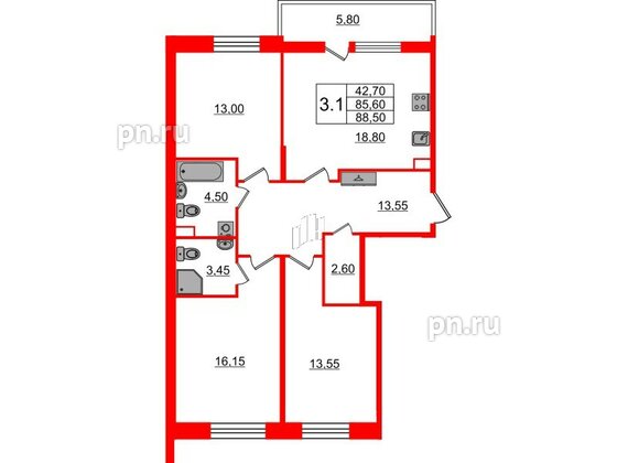 Квартира в ЖК «Бионика Заповедная», 3 комнатная, 85.6 м², 2 этаж