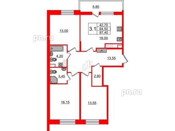 Квартира в ЖК «Бионика Заповедная», 3 комнатная, 84.5 м², 6 этаж