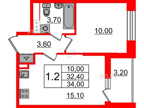 Квартира в ЖК «Бионика Заповедная», 1 комнатная, 32.4 м², 12 этаж