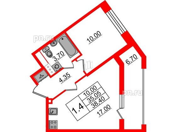 Квартира в ЖК «Бионика Заповедная», 1 комнатная, 35.05 м², 4 этаж