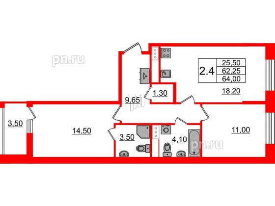 Квартира в ЖК Бионика Заповедная, 2 комнатная, 62.25 м², 3 этаж