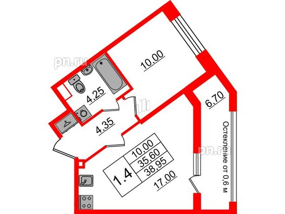 Квартира в ЖК «Бионика Заповедная», 1 комнатная, 35.6 м², 2 этаж